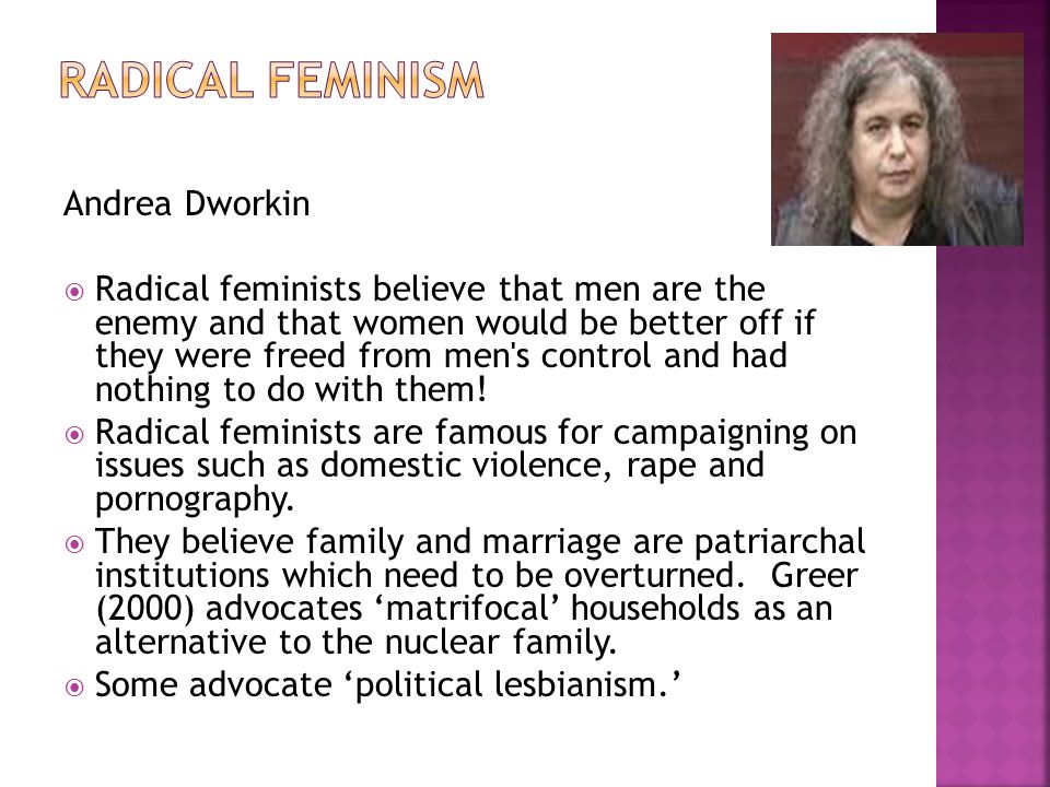 Andrea Dworkin  Radical feminists believe that men are the enemy and that women would be better off if they were freed from men s control and had nothing to do with them.