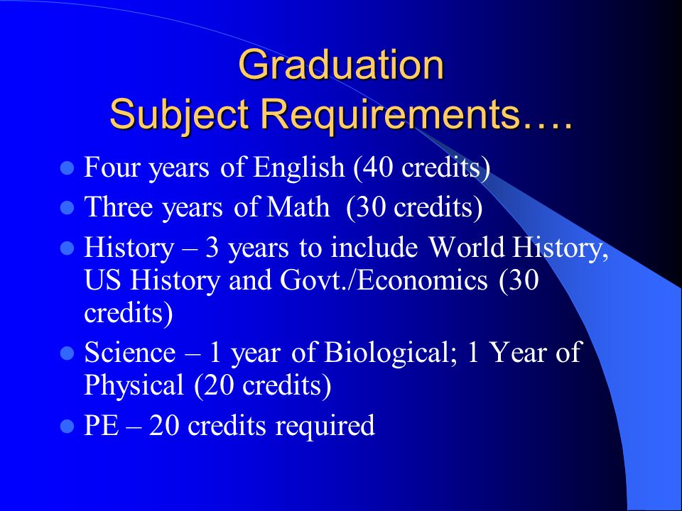 Graduation Subject Requirements Obviously, students can’t get a diploma by taking 230 credits in PE alone (although they would be in great shape!), so there are certain required courses.
