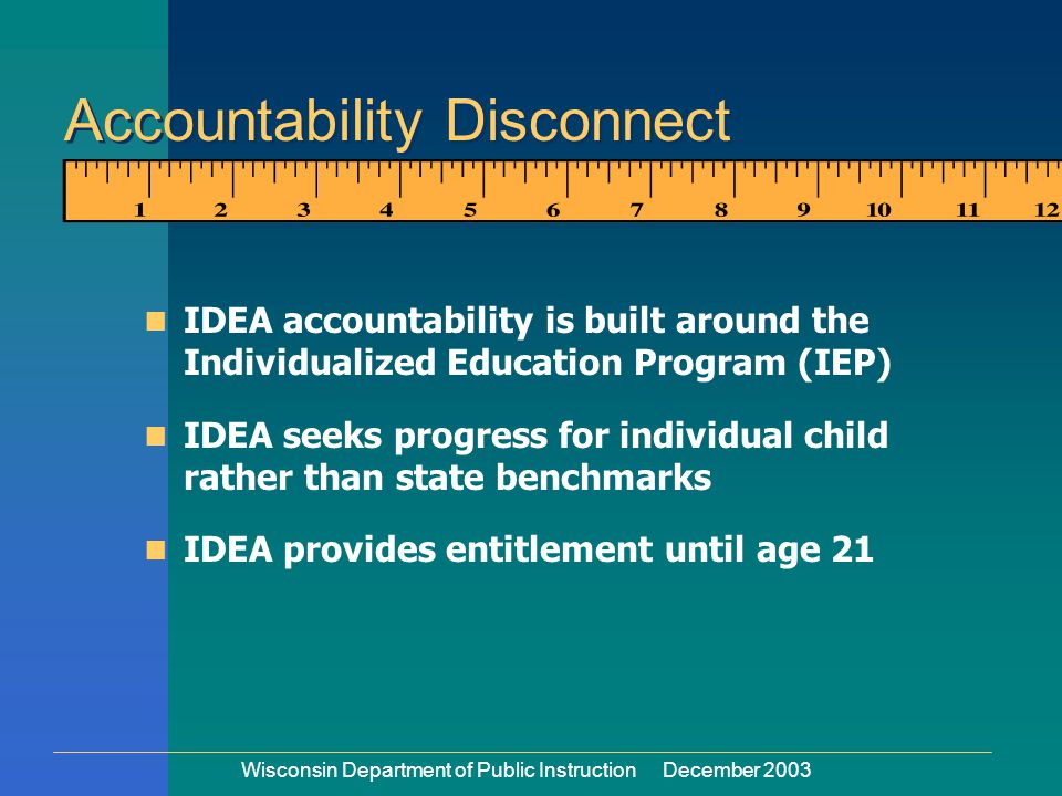 Wisconsin Department of Public Instruction December 2003 IDEA accountability is built around the Individualized Education Program (IEP) IDEA seeks progress for individual child rather than state benchmarks IDEA provides entitlement until age 21 Accountability Disconnect Disconnect