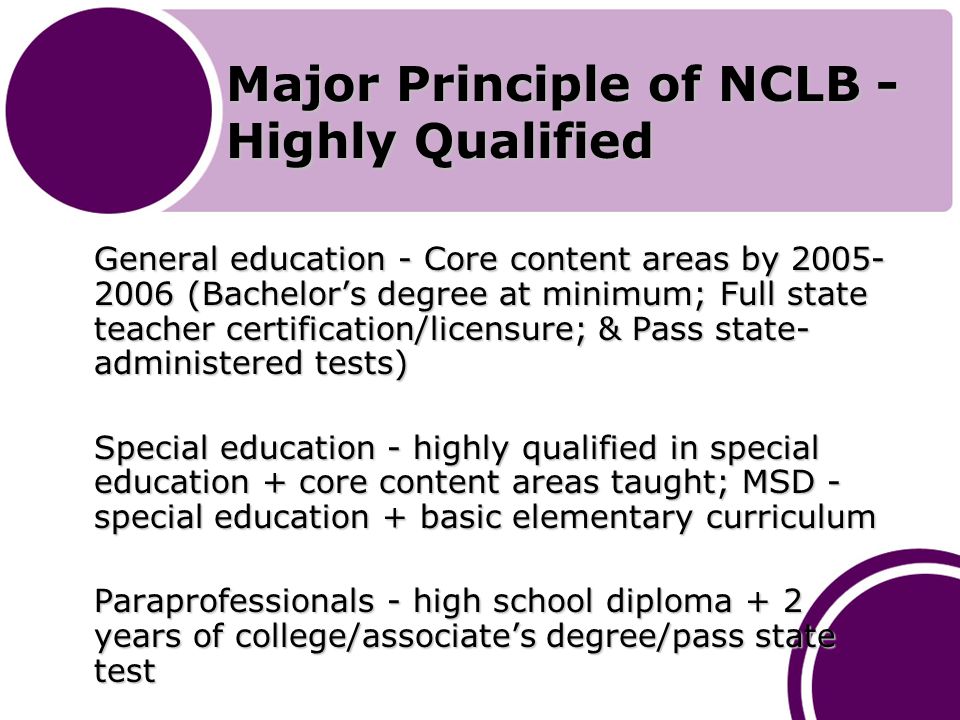 Major Principle of NCLB - Highly Qualified General education - Core content areas by (Bachelor’s degree at minimum; Full state teacher certification/licensure; & Pass state- administered tests) Special education - highly qualified in special education + core content areas taught; MSD - special education + basic elementary curriculum Paraprofessionals - high school diploma + 2 years of college/associate’s degree/pass state test