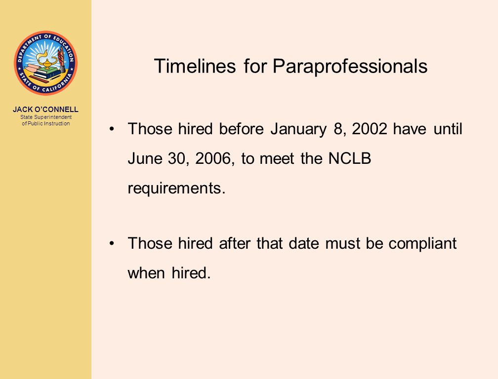 JACK O’CONNELL State Superintendent of Public Instruction Timelines for Paraprofessionals Those hired before January 8, 2002 have until June 30, 2006, to meet the NCLB requirements.