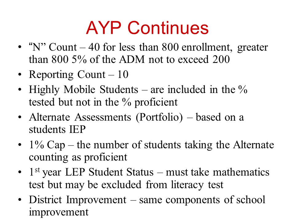 AYP Continues N Count – 40 for less than 800 enrollment, greater than 800 5% of the ADM not to exceed 200 Reporting Count – 10 Highly Mobile Students – are included in the % tested but not in the % proficient Alternate Assessments (Portfolio) – based on a students IEP 1% Cap – the number of students taking the Alternate counting as proficient 1 st year LEP Student Status – must take mathematics test but may be excluded from literacy test District Improvement – same components of school improvement
