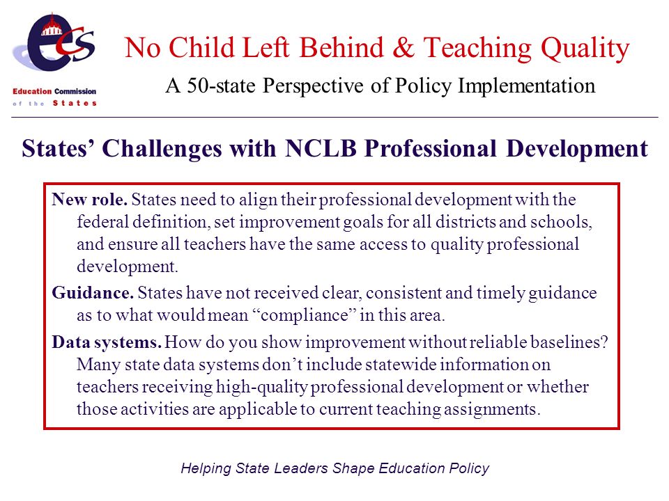 Helping State Leaders Shape Education Policy No Child Left Behind & Teaching Quality A 50-state Perspective of Policy Implementation New role.