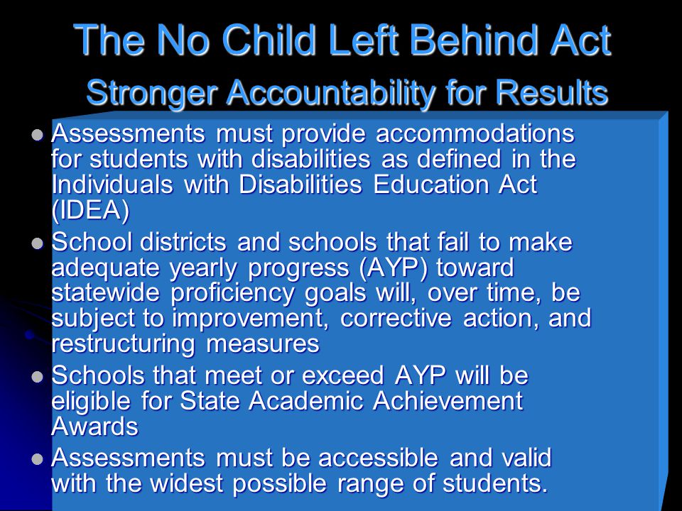 The No Child Left Behind Act Stronger Accountability for Results Assessments must provide accommodations for students with disabilities as defined in the Individuals with Disabilities Education Act (IDEA) Assessments must provide accommodations for students with disabilities as defined in the Individuals with Disabilities Education Act (IDEA) School districts and schools that fail to make adequate yearly progress (AYP) toward statewide proficiency goals will, over time, be subject to improvement, corrective action, and restructuring measures School districts and schools that fail to make adequate yearly progress (AYP) toward statewide proficiency goals will, over time, be subject to improvement, corrective action, and restructuring measures Schools that meet or exceed AYP will be eligible for State Academic Achievement Awards Schools that meet or exceed AYP will be eligible for State Academic Achievement Awards Assessments must be accessible and valid with the widest possible range of students.