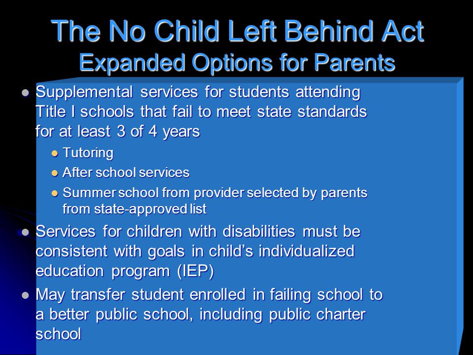 The No Child Left Behind Act Expanded Options for Parents Supplemental services for students attending Title I schools that fail to meet state standards for at least 3 of 4 years Supplemental services for students attending Title I schools that fail to meet state standards for at least 3 of 4 years Tutoring Tutoring After school services After school services Summer school from provider selected by parents from state-approved list Summer school from provider selected by parents from state-approved list Services for children with disabilities must be consistent with goals in child’s individualized education program (IEP) Services for children with disabilities must be consistent with goals in child’s individualized education program (IEP) May transfer student enrolled in failing school to a better public school, including public charter school May transfer student enrolled in failing school to a better public school, including public charter school
