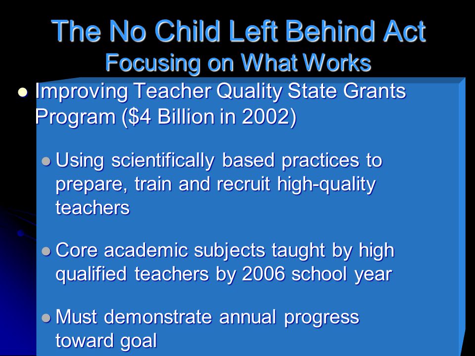 The No Child Left Behind Act Focusing on What Works Improving Teacher Quality State Grants Program ($4 Billion in 2002) Improving Teacher Quality State Grants Program ($4 Billion in 2002) Using scientifically based practices to prepare, train and recruit high-quality teachers Using scientifically based practices to prepare, train and recruit high-quality teachers Core academic subjects taught by high qualified teachers by 2006 school year Core academic subjects taught by high qualified teachers by 2006 school year Must demonstrate annual progress toward goal Must demonstrate annual progress toward goal