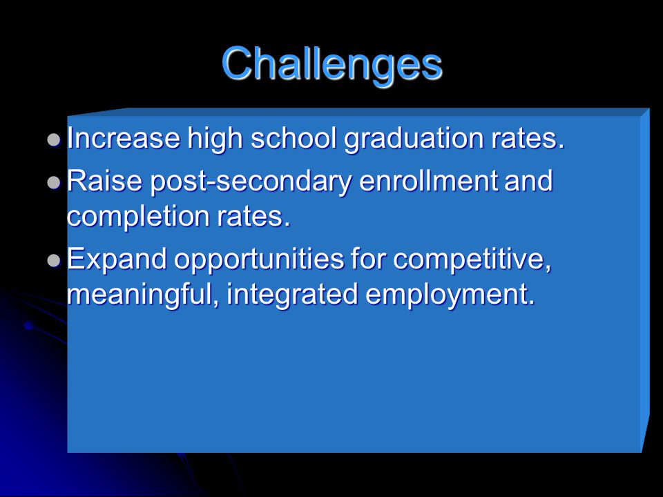 Challenges Increase high school graduation rates. Increase high school graduation rates.