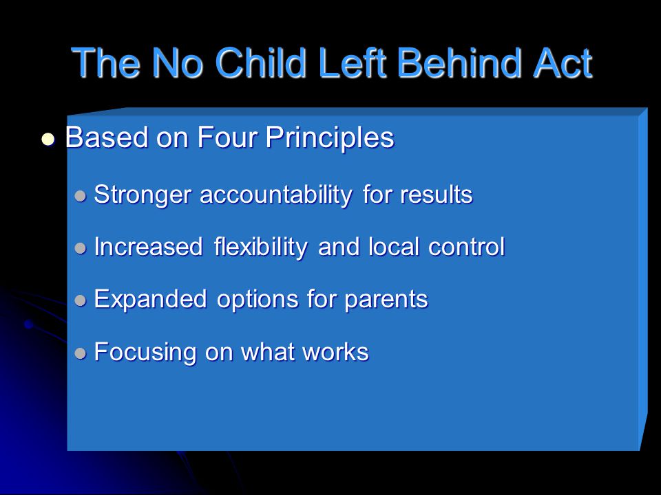 The No Child Left Behind Act Based on Four Principles Based on Four Principles Stronger accountability for results Stronger accountability for results Increased flexibility and local control Increased flexibility and local control Expanded options for parents Expanded options for parents Focusing on what works Focusing on what works