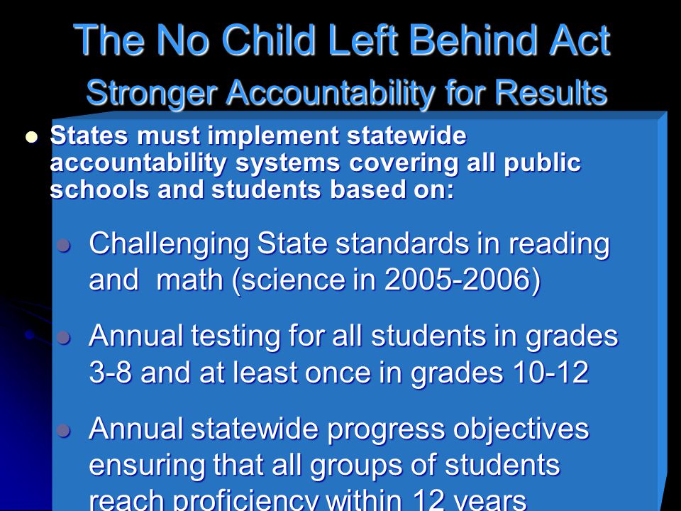 The No Child Left Behind Act Stronger Accountability for Results States must implement statewide accountability systems covering all public schools and students based on: States must implement statewide accountability systems covering all public schools and students based on: Challenging State standards in reading and math (science in ) Challenging State standards in reading and math (science in ) Annual testing for all students in grades 3-8 and at least once in grades Annual testing for all students in grades 3-8 and at least once in grades Annual statewide progress objectives ensuring that all groups of students reach proficiency within 12 years Annual statewide progress objectives ensuring that all groups of students reach proficiency within 12 years