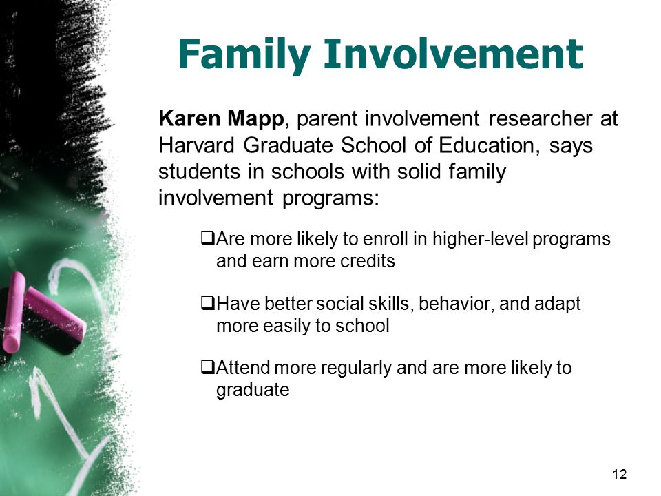 12 Family Involvement Karen Mapp, parent involvement researcher at Harvard Graduate School of Education, says students in schools with solid family involvement programs:  Are more likely to enroll in higher-level programs and earn more credits  Have better social skills, behavior, and adapt more easily to school  Attend more regularly and are more likely to graduate