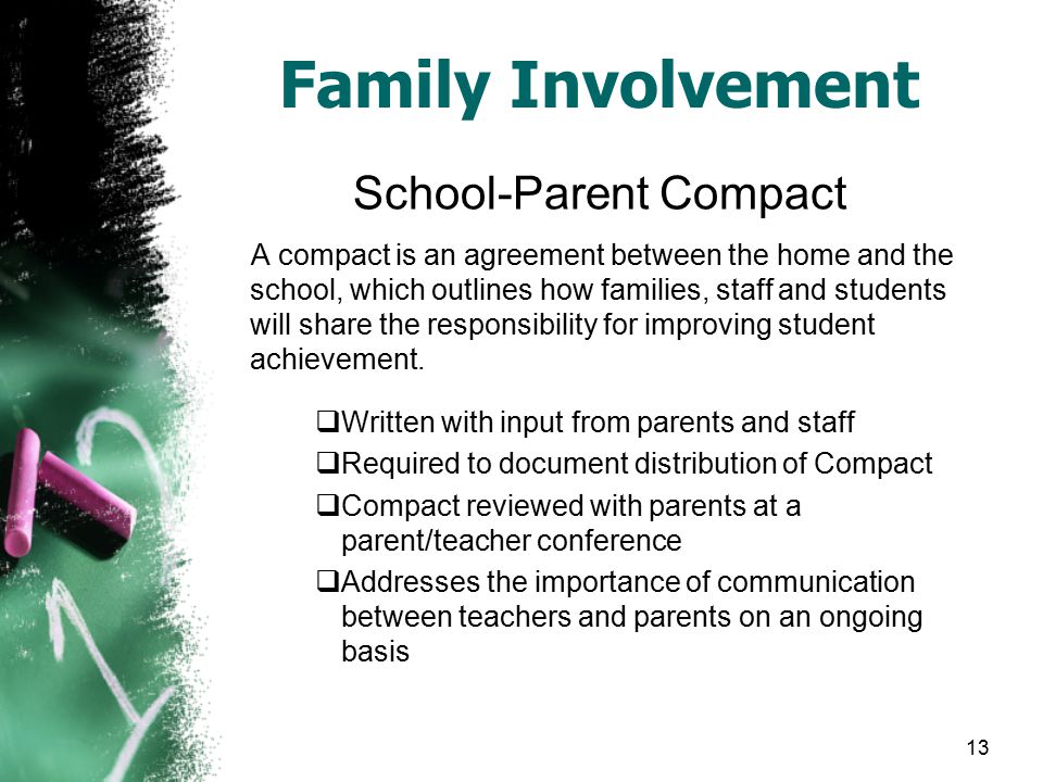 13 Family Involvement School-Parent Compact A compact is an agreement between the home and the school, which outlines how families, staff and students will share the responsibility for improving student achievement.