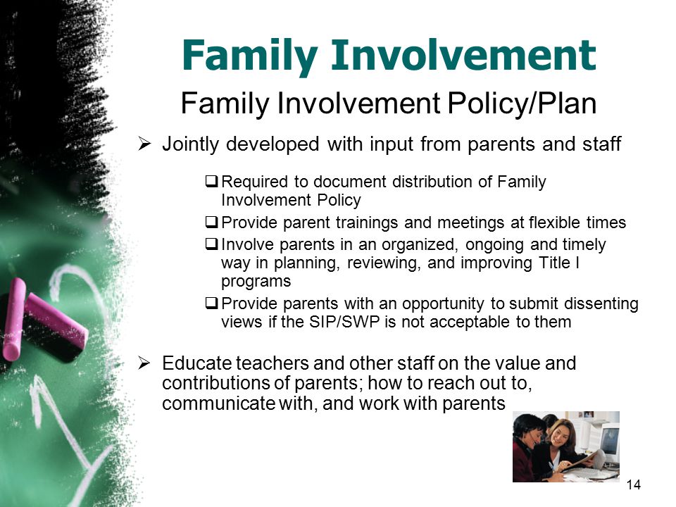 14 Family Involvement Family Involvement Policy/Plan  Jointly developed with input from parents and staff  Required to document distribution of Family Involvement Policy  Provide parent trainings and meetings at flexible times  Involve parents in an organized, ongoing and timely way in planning, reviewing, and improving Title I programs  Provide parents with an opportunity to submit dissenting views if the SIP/SWP is not acceptable to them  Educate teachers and other staff on the value and contributions of parents; how to reach out to, communicate with, and work with parents