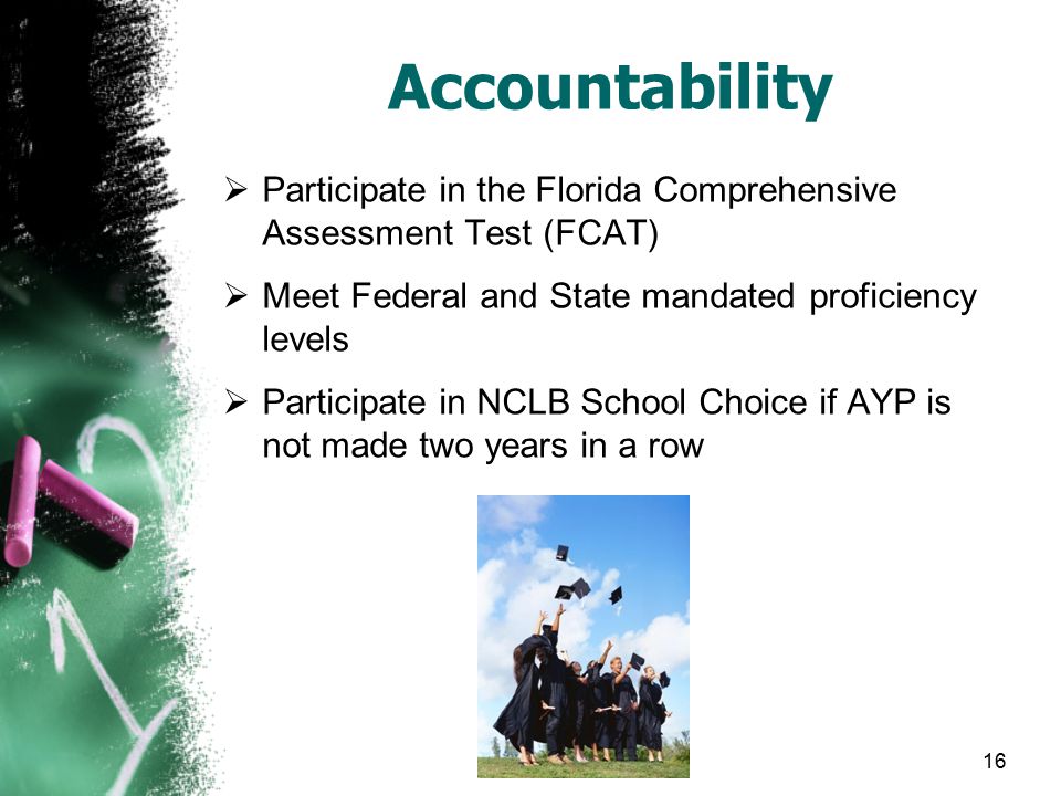 16 Accountability  Participate in the Florida Comprehensive Assessment Test (FCAT)  Meet Federal and State mandated proficiency levels  Participate in NCLB School Choice if AYP is not made two years in a row