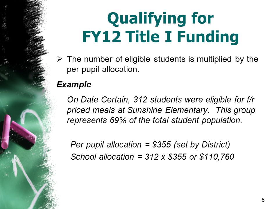 6 Qualifying for FY12 Title I Funding  The number of eligible students is multiplied by the per pupil allocation.