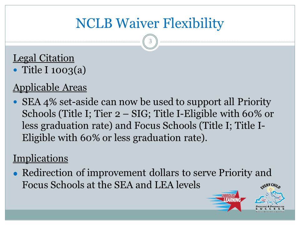 NCLB Waiver Flexibility Legal Citation Title I 1003(a) Applicable Areas SEA 4% set-aside can now be used to support all Priority Schools (Title I; Tier 2 – SIG; Title I-Eligible with 60% or less graduation rate) and Focus Schools (Title I; Title I- Eligible with 60% or less graduation rate).