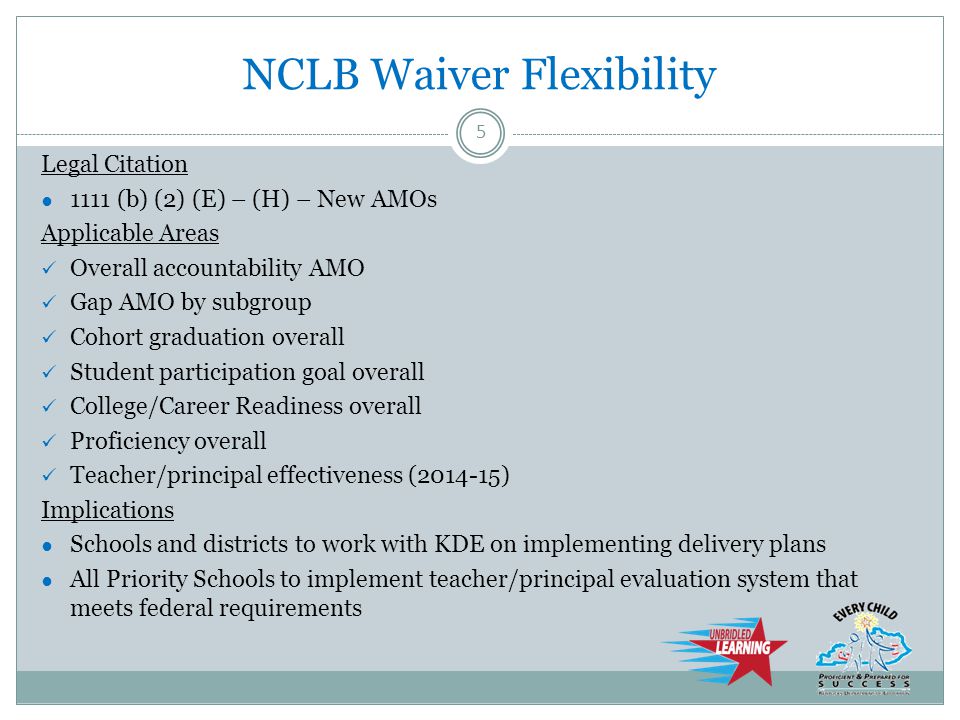 NCLB Waiver Flexibility Legal Citation ● 1111 (b) (2) (E) – (H) – New AMOs Applicable Areas Overall accountability AMO Gap AMO by subgroup Cohort graduation overall Student participation goal overall College/Career Readiness overall Proficiency overall Teacher/principal effectiveness ( ) Implications ● Schools and districts to work with KDE on implementing delivery plans ● All Priority Schools to implement teacher/principal evaluation system that meets federal requirements 5