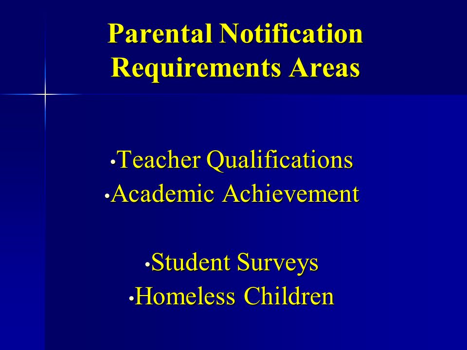 Parental Notification Requirements Areas Teacher Qualifications Teacher Qualifications Academic Achievement Academic Achievement Student Surveys Student Surveys Homeless Children Homeless Children