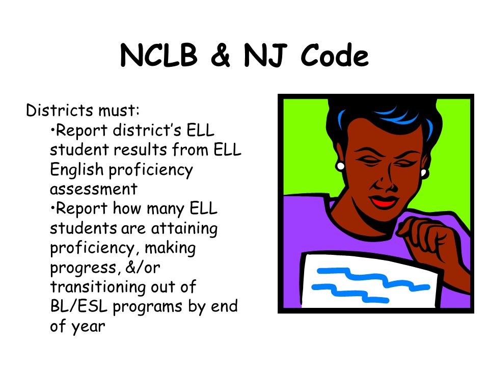 NCLB & NJ Code Districts must: Report district’s ELL student results from ELL English proficiency assessment Report how many ELL students are attaining proficiency, making progress, &/or transitioning out of BL/ESL programs by end of year