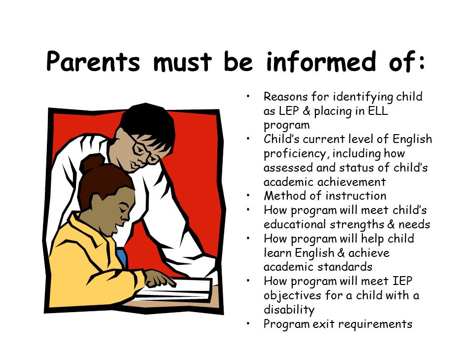 Parents must be informed of: Reasons for identifying child as LEP & placing in ELL program Child’s current level of English proficiency, including how assessed and status of child’s academic achievement Method of instruction How program will meet child’s educational strengths & needs How program will help child learn English & achieve academic standards How program will meet IEP objectives for a child with a disability Program exit requirements