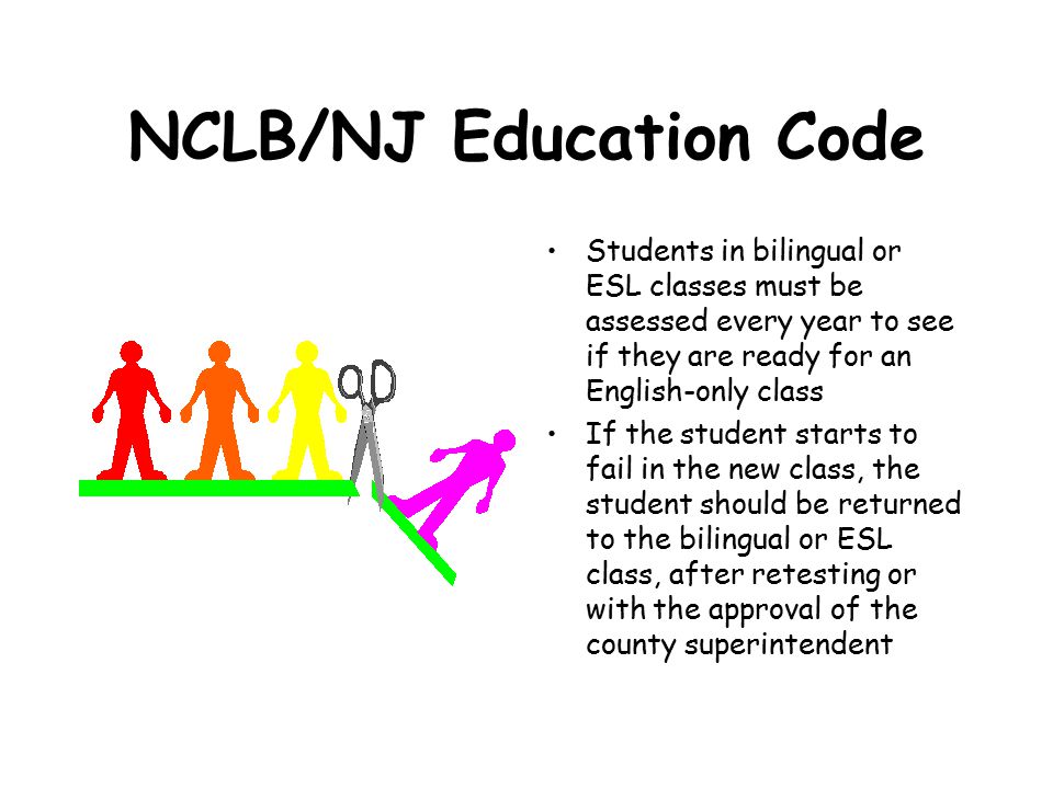 NCLB/NJ Education Code Students in bilingual or ESL classes must be assessed every year to see if they are ready for an English-only class If the student starts to fail in the new class, the student should be returned to the bilingual or ESL class, after retesting or with the approval of the county superintendent