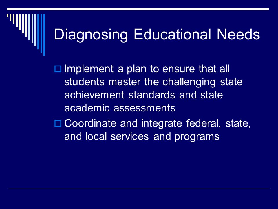 Diagnosing Educational Needs  Implement a plan to ensure that all students master the challenging state achievement standards and state academic assessments  Coordinate and integrate federal, state, and local services and programs