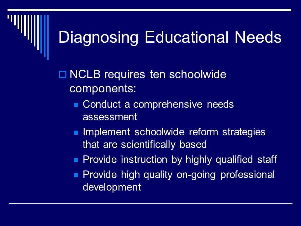 Diagnosing Educational Needs  NCLB requires ten schoolwide components: Conduct a comprehensive needs assessment Implement schoolwide reform strategies that are scientifically based Provide instruction by highly qualified staff Provide high quality on-going professional development