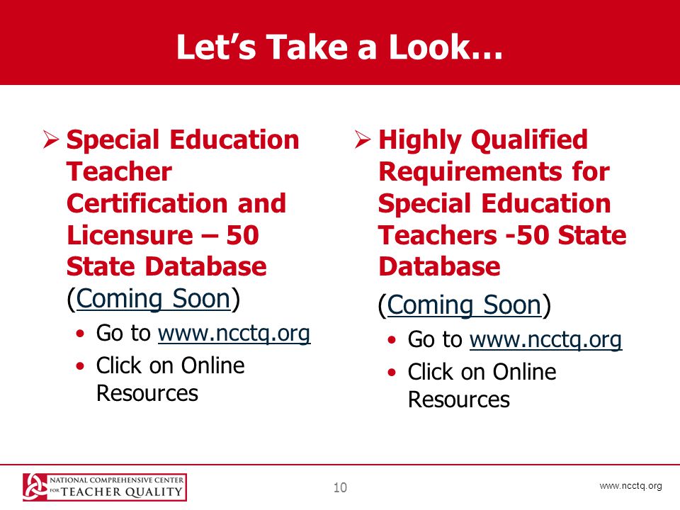 10 Let’s Take a Look…  Special Education Teacher Certification and Licensure – 50 State Database (Coming Soon)Coming Soon Go to   Click on Online Resources  Highly Qualified Requirements for Special Education Teachers -50 State Database (Coming Soon)Coming Soon Go to   Click on Online Resources