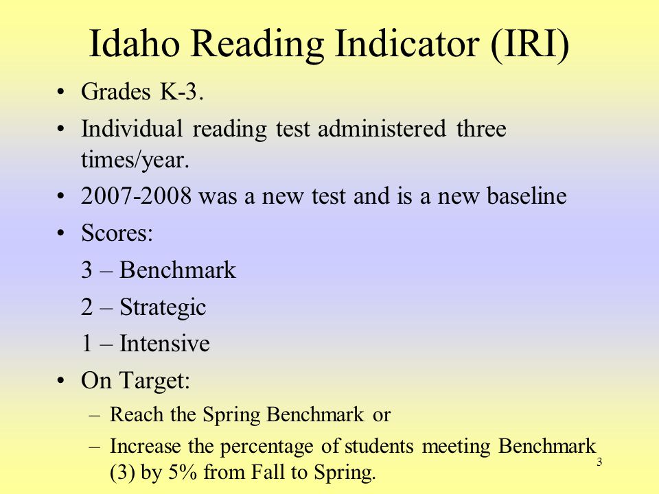3 Idaho Reading Indicator (IRI) Grades K-3. Individual reading test administered three times/year.