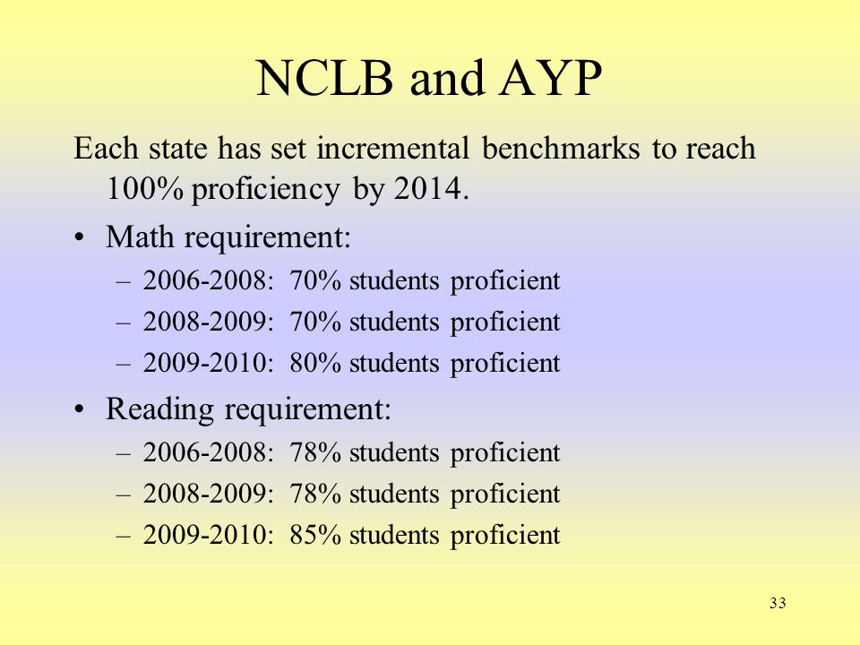 33 NCLB and AYP Each state has set incremental benchmarks to reach 100% proficiency by 2014.