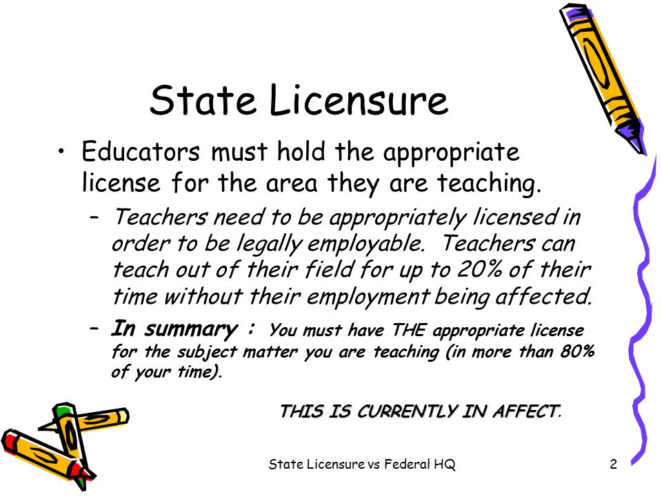 State Licensure vs Federal HQ2 State Licensure Educators must hold the appropriate license for the area they are teaching.