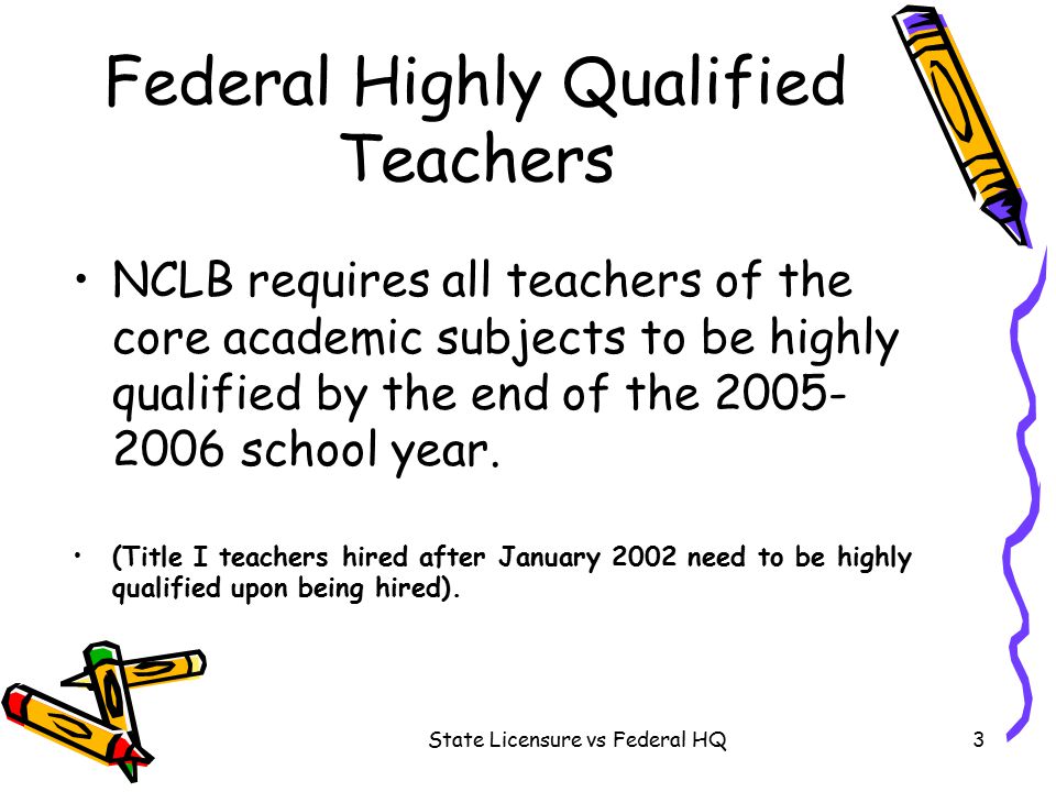 State Licensure vs Federal HQ3 Federal Highly Qualified Teachers NCLB requires all teachers of the core academic subjects to be highly qualified by the end of the school year.