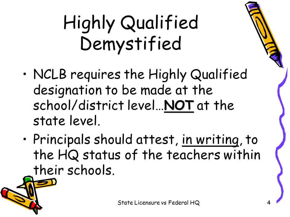 State Licensure vs Federal HQ4 Highly Qualified Demystified NOTNCLB requires the Highly Qualified designation to be made at the school/district level…NOT at the state level.
