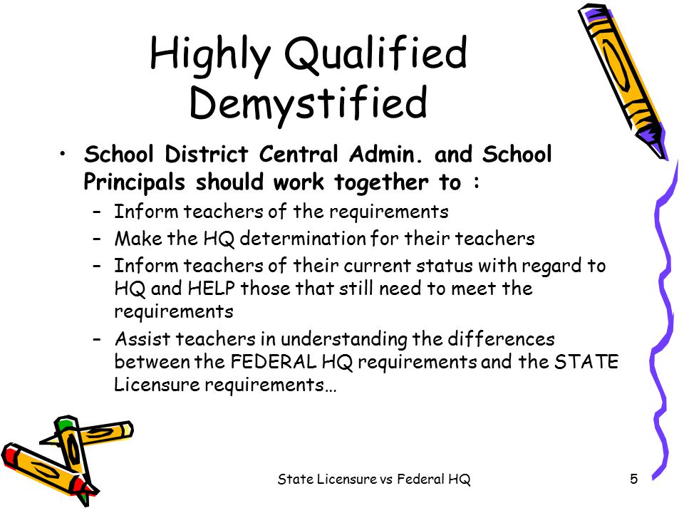 State Licensure vs Federal HQ5 Highly Qualified Demystified School District Central Admin.