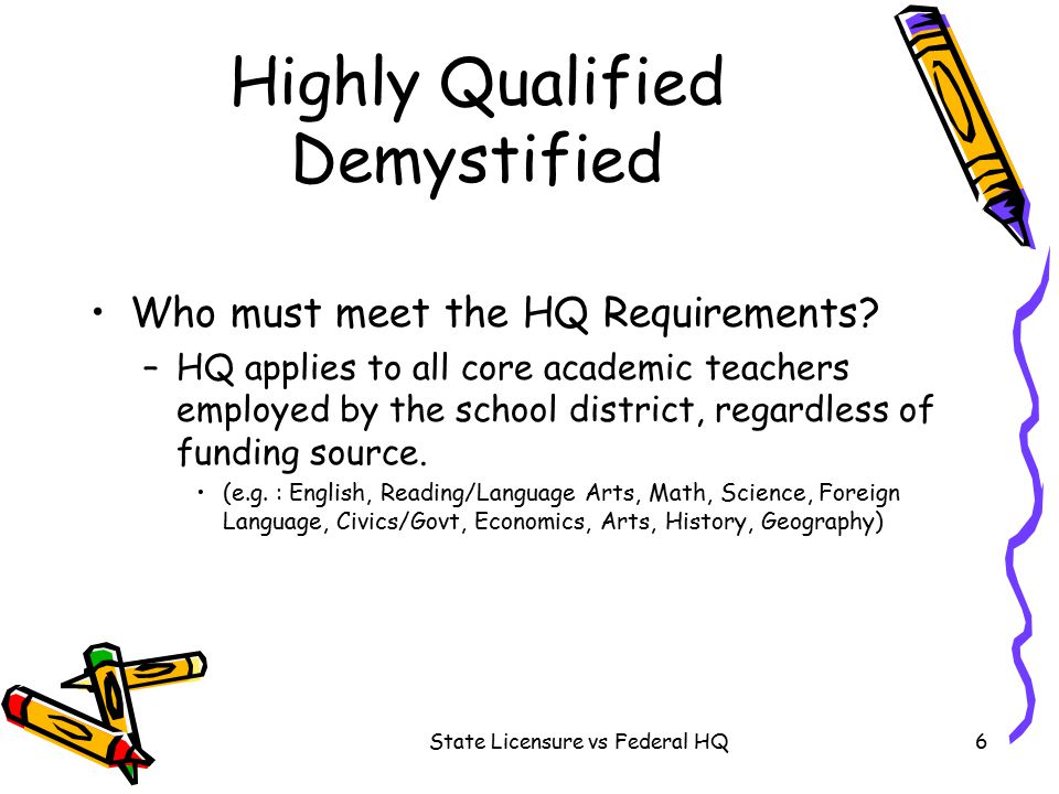 State Licensure vs Federal HQ6 Highly Qualified Demystified Who must meet the HQ Requirements.