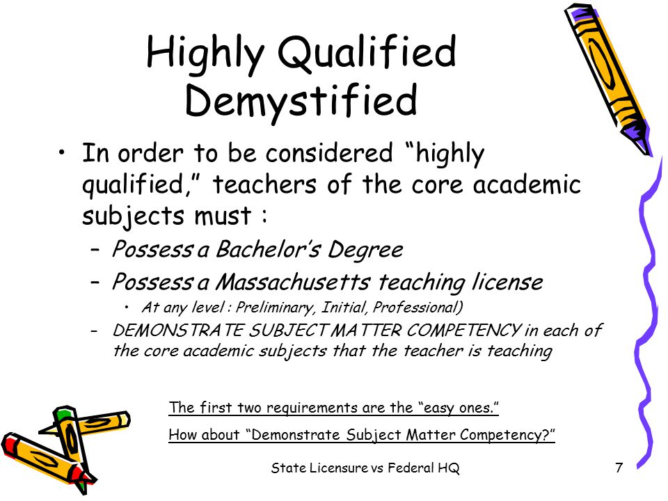 State Licensure vs Federal HQ7 Highly Qualified Demystified In order to be considered highly qualified, teachers of the core academic subjects must : –Possess a Bachelor’s Degree –Possess a Massachusetts teaching license At any level : Preliminary, Initial, Professional) –DEMONSTRATE SUBJECT MATTER COMPETENCY in each of the core academic subjects that the teacher is teaching The first two requirements are the easy ones. How about Demonstrate Subject Matter Competency