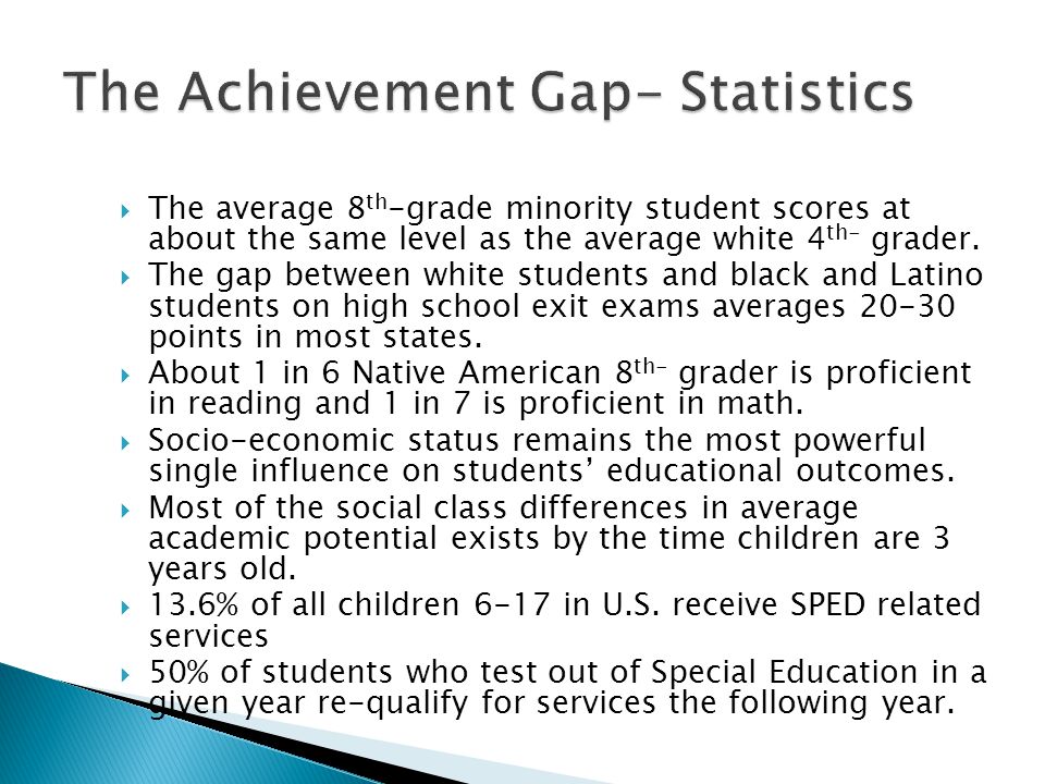  The average 8 th -grade minority student scores at about the same level as the average white 4 th- grader.