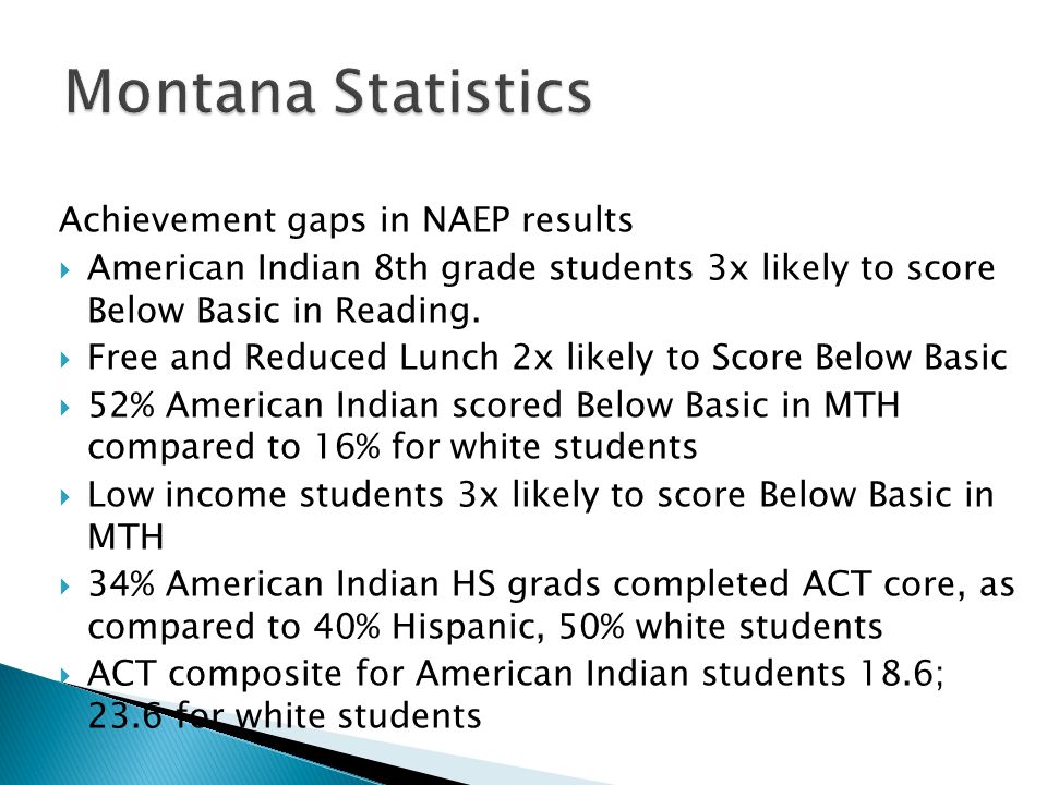 Achievement gaps in NAEP results  American Indian 8th grade students 3x likely to score Below Basic in Reading.