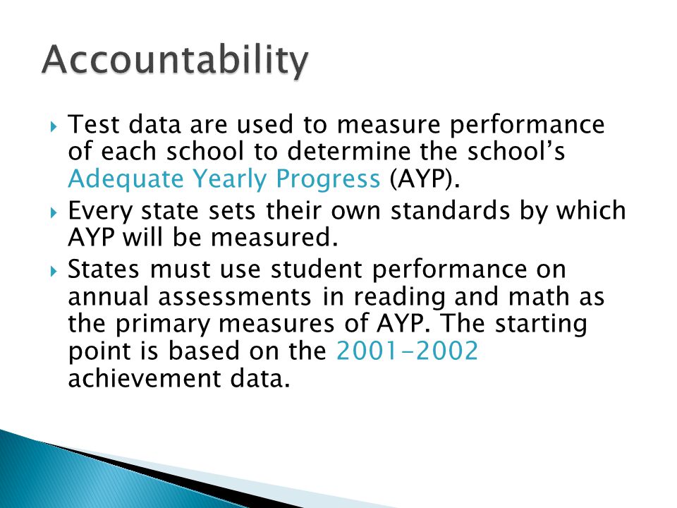  Test data are used to measure performance of each school to determine the school’s Adequate Yearly Progress (AYP).