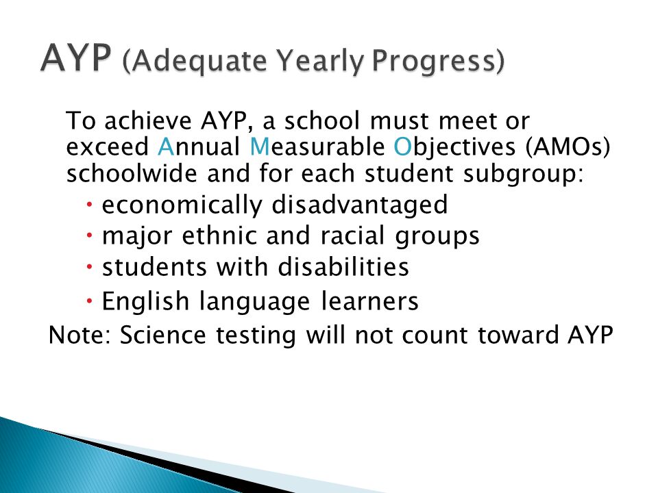To achieve AYP, a school must meet or exceed Annual Measurable Objectives (AMOs) schoolwide and for each student subgroup:  economically disadvantaged  major ethnic and racial groups  students with disabilities  English language learners Note: Science testing will not count toward AYP