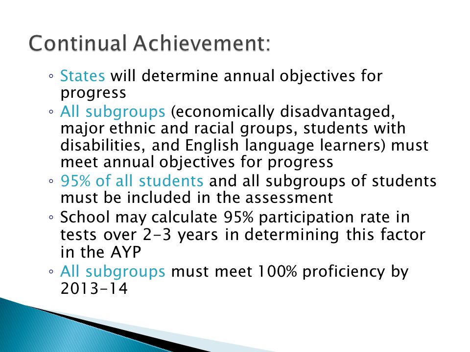 ◦ States will determine annual objectives for progress ◦ All subgroups (economically disadvantaged, major ethnic and racial groups, students with disabilities, and English language learners) must meet annual objectives for progress ◦ 95% of all students and all subgroups of students must be included in the assessment ◦ School may calculate 95% participation rate in tests over 2-3 years in determining this factor in the AYP ◦ All subgroups must meet 100% proficiency by