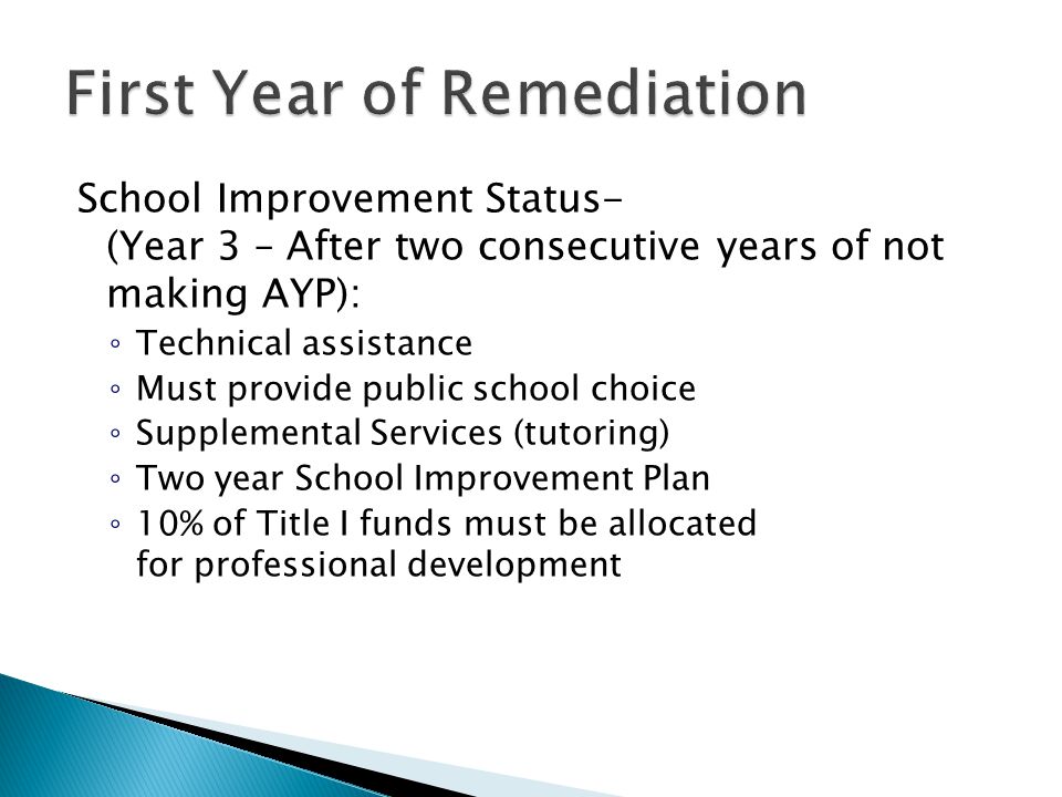 School Improvement Status- (Year 3 – After two consecutive years of not making AYP): ◦ Technical assistance ◦ Must provide public school choice ◦ Supplemental Services (tutoring) ◦ Two year School Improvement Plan ◦ 10% of Title I funds must be allocated for professional development