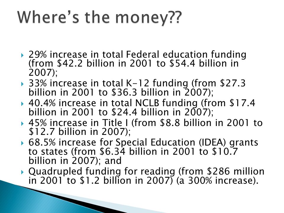  29% increase in total Federal education funding (from $42.2 billion in 2001 to $54.4 billion in 2007);  33% increase in total K-12 funding (from $27.3 billion in 2001 to $36.3 billion in 2007);  40.4% increase in total NCLB funding (from $17.4 billion in 2001 to $24.4 billion in 2007);  45% increase in Title I (from $8.8 billion in 2001 to $12.7 billion in 2007);  68.5% increase for Special Education (IDEA) grants to states (from $6.34 billion in 2001 to $10.7 billion in 2007); and  Quadrupled funding for reading (from $286 million in 2001 to $1.2 billion in 2007) (a 300% increase).