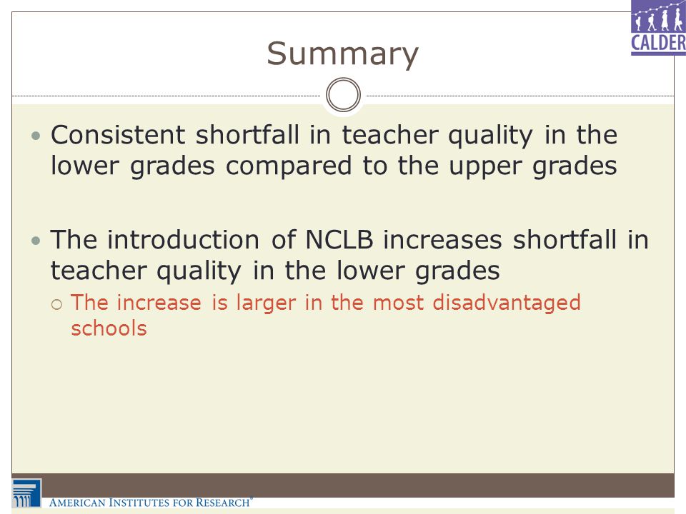 Summary Consistent shortfall in teacher quality in the lower grades compared to the upper grades The introduction of NCLB increases shortfall in teacher quality in the lower grades  The increase is larger in the most disadvantaged schools