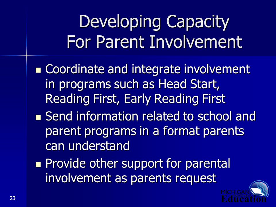 23 Developing Capacity For Parent Involvement Coordinate and integrate involvement in programs such as Head Start, Reading First, Early Reading First Coordinate and integrate involvement in programs such as Head Start, Reading First, Early Reading First Send information related to school and parent programs in a format parents can understand Send information related to school and parent programs in a format parents can understand Provide other support for parental involvement as parents request Provide other support for parental involvement as parents request