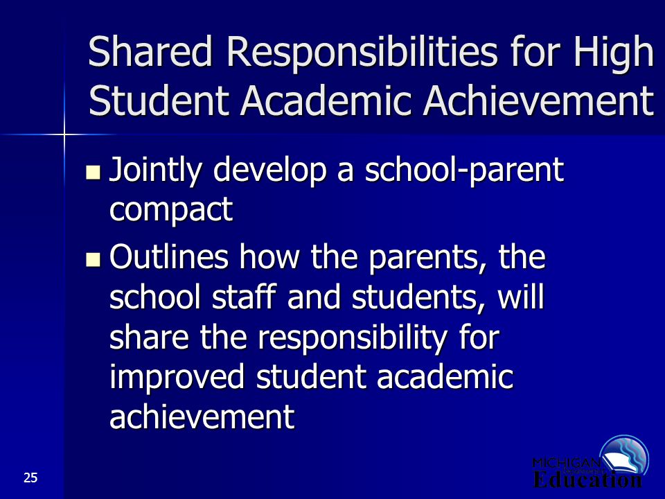 25 Shared Responsibilities for High Student Academic Achievement Jointly develop a school-parent compact Jointly develop a school-parent compact Outlines how the parents, the school staff and students, will share the responsibility for improved student academic achievement Outlines how the parents, the school staff and students, will share the responsibility for improved student academic achievement
