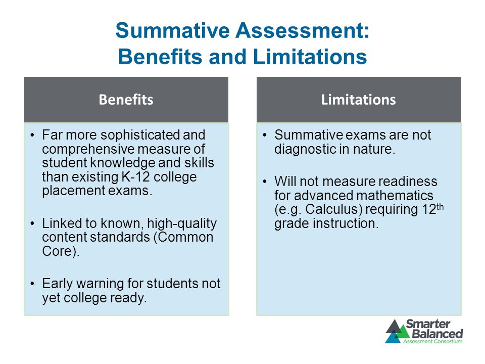 Summative Assessment: Benefits and Limitations Benefits Far more sophisticated and comprehensive measure of student knowledge and skills than existing K-12 college placement exams.