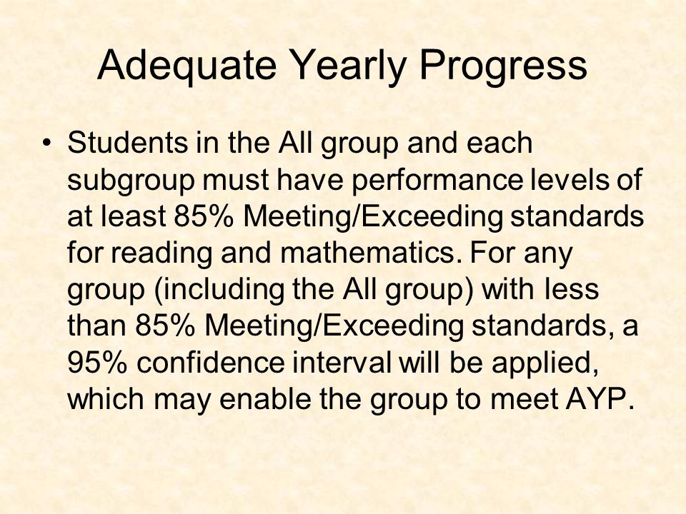 Adequate Yearly Progress Students in the All group and each subgroup must have performance levels of at least 85% Meeting/Exceeding standards for reading and mathematics.