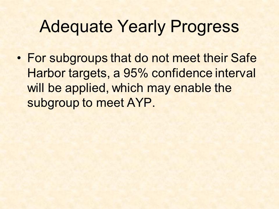 Adequate Yearly Progress For subgroups that do not meet their Safe Harbor targets, a 95% confidence interval will be applied, which may enable the subgroup to meet AYP.