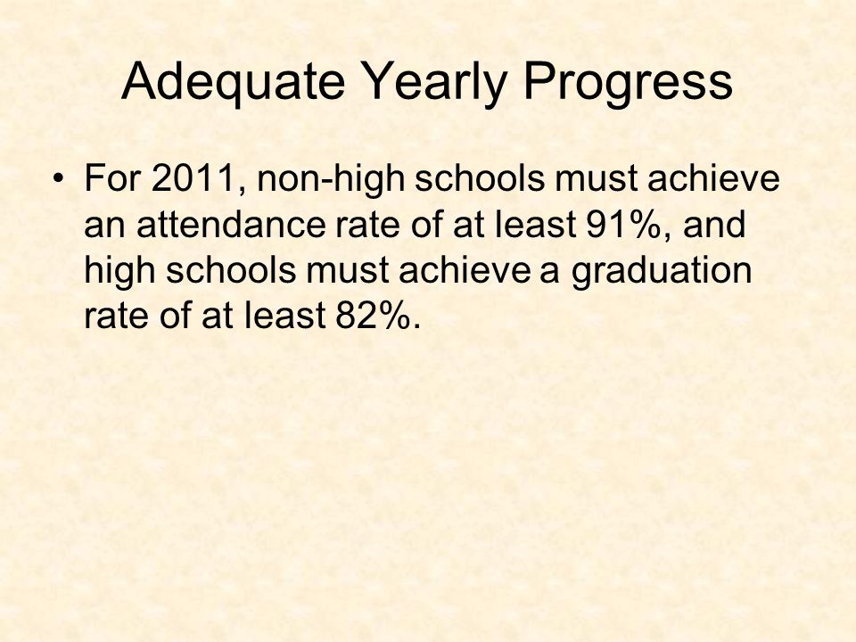 Adequate Yearly Progress For 2011, non-high schools must achieve an attendance rate of at least 91%, and high schools must achieve a graduation rate of at least 82%.