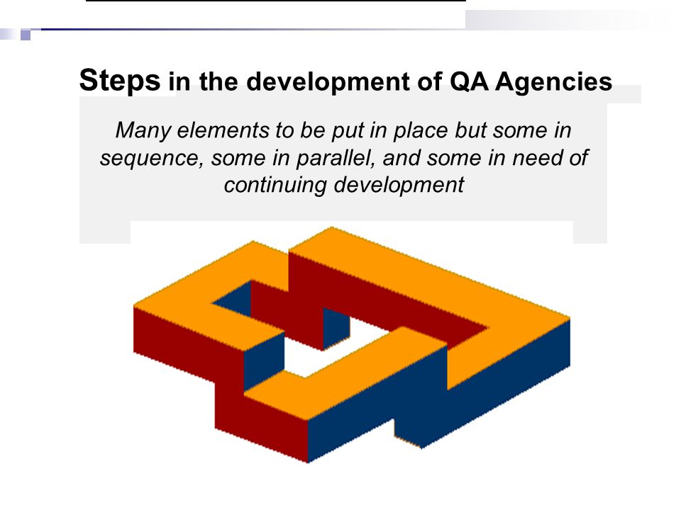 Many elements to be put in place but some in sequence, some in parallel, and some in need of continuing development Steps in the development of QA Agencies